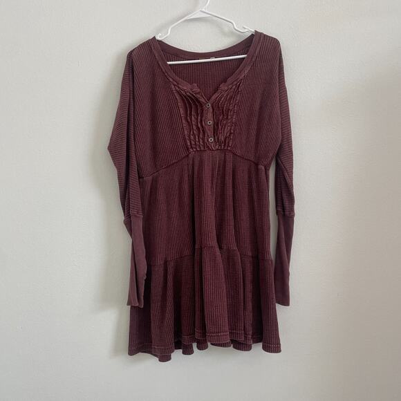 Free People Dress Women XS Burgundy Jolene Thermal Waffle Knit Ruffle Boho - Picture 1 of 7
